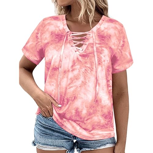 VISLILY Womens-Plus-Size-Summer-Tops Casual Lace Up Front T Shirts Tie Dye V Neck Tees Trendy Short Sleeve Tunics XL-5XL