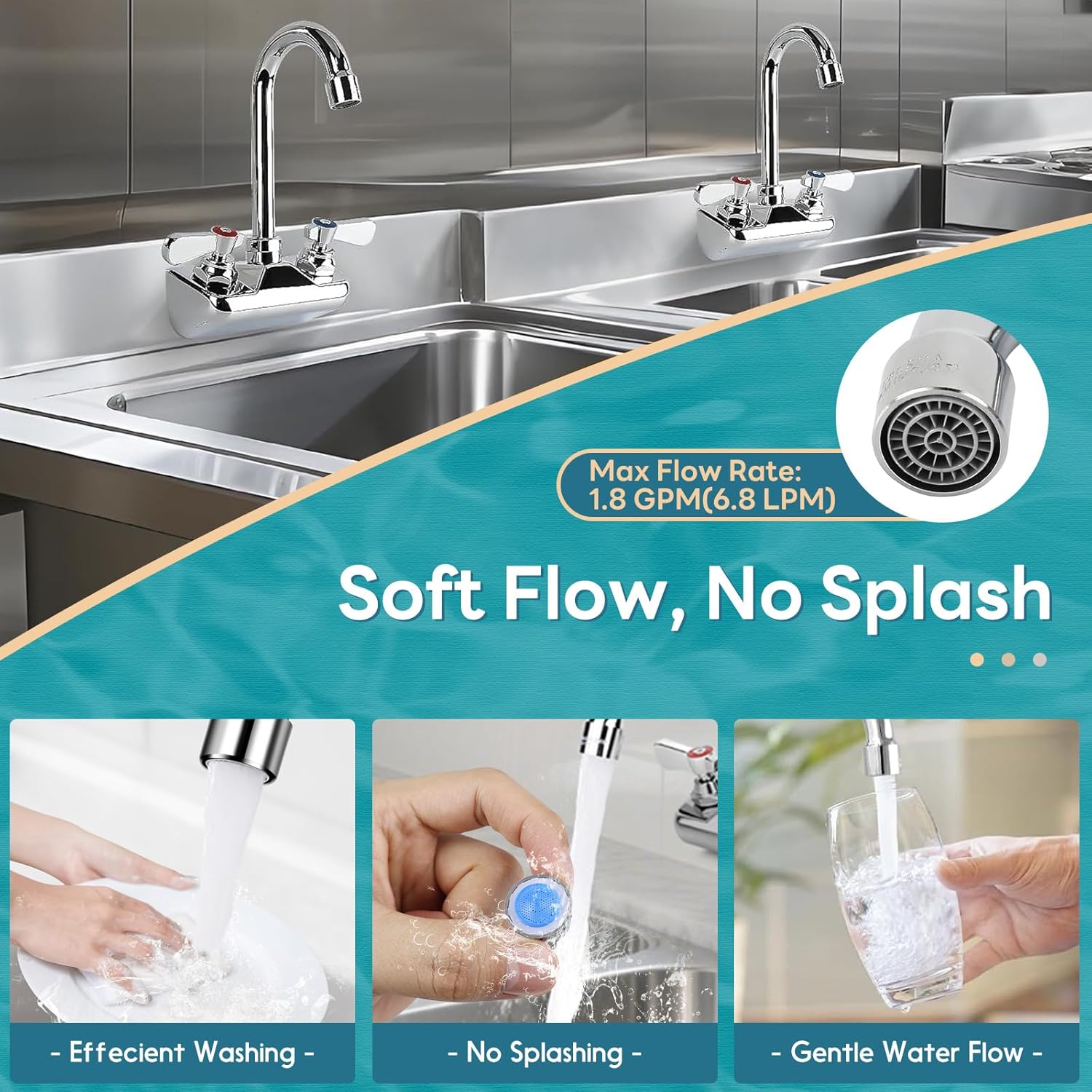 Leak-Free Commercial Bar Hand Sink Faucet 4” Center with 3-1/2" Gooseneck Swivel Spout, Small Kitchen Sink Faucet 2 Hole Wall Mount Brass Constructed for 1 Compartment Sink Utility Restaurant - Image 7