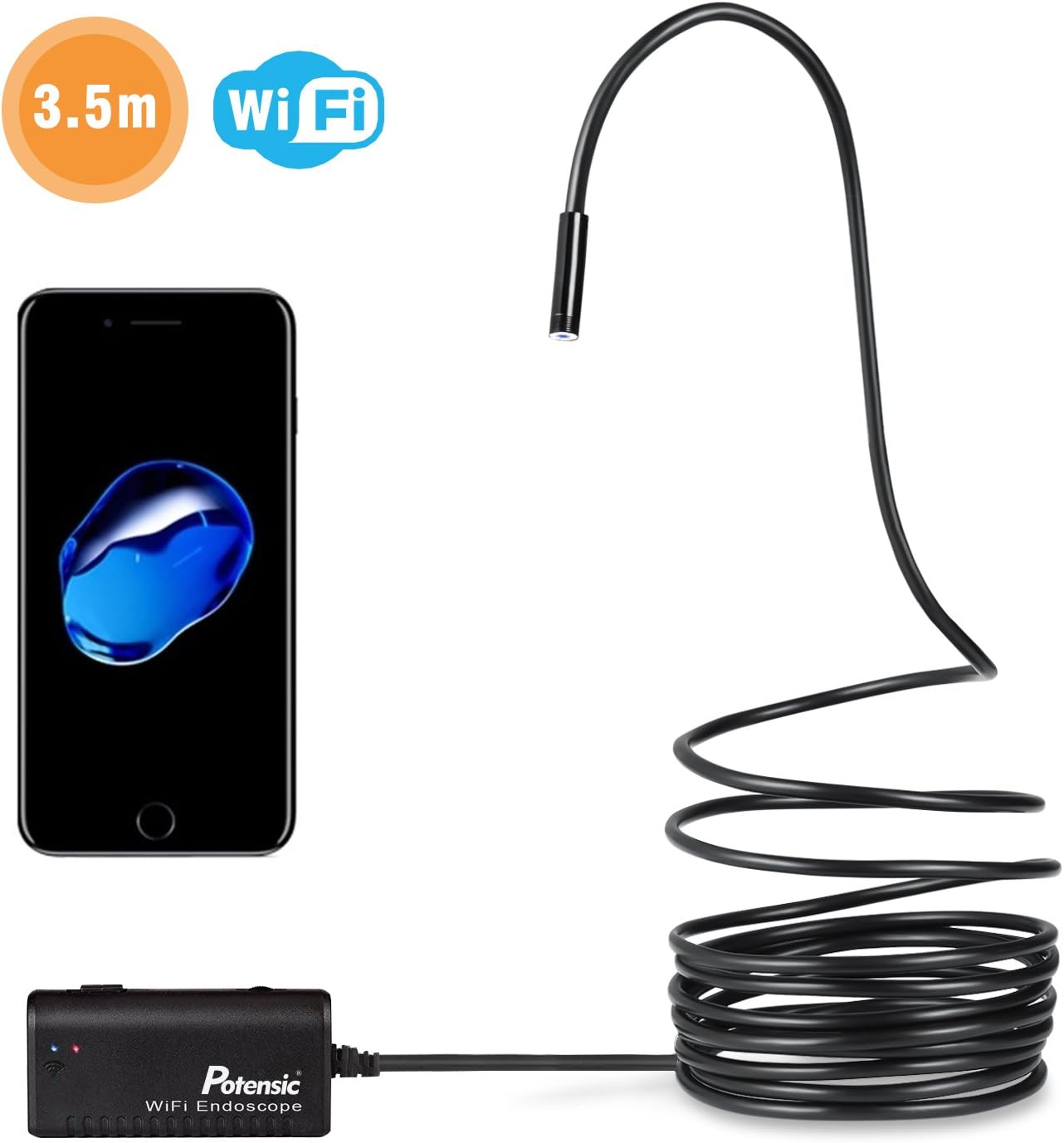 Wireless Endoscope, Potensic Wi-Fi Borescope Waterproof Inspection Camera 2MP CMOS Snake Camera for iPhone, Andorid Smartphone, PC - Black(3.5 Meter)
