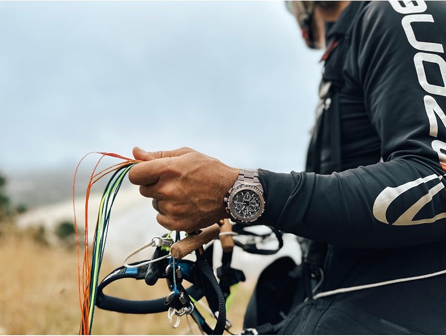 Citizen Men's Eco-Drive Promaster Skyhawk Watch, Gray Stainless Steel Bracelet, Black Dial, Atomic Timekeeping, Chronograph with Perpetual Calendar (Model: JY8146-54E)