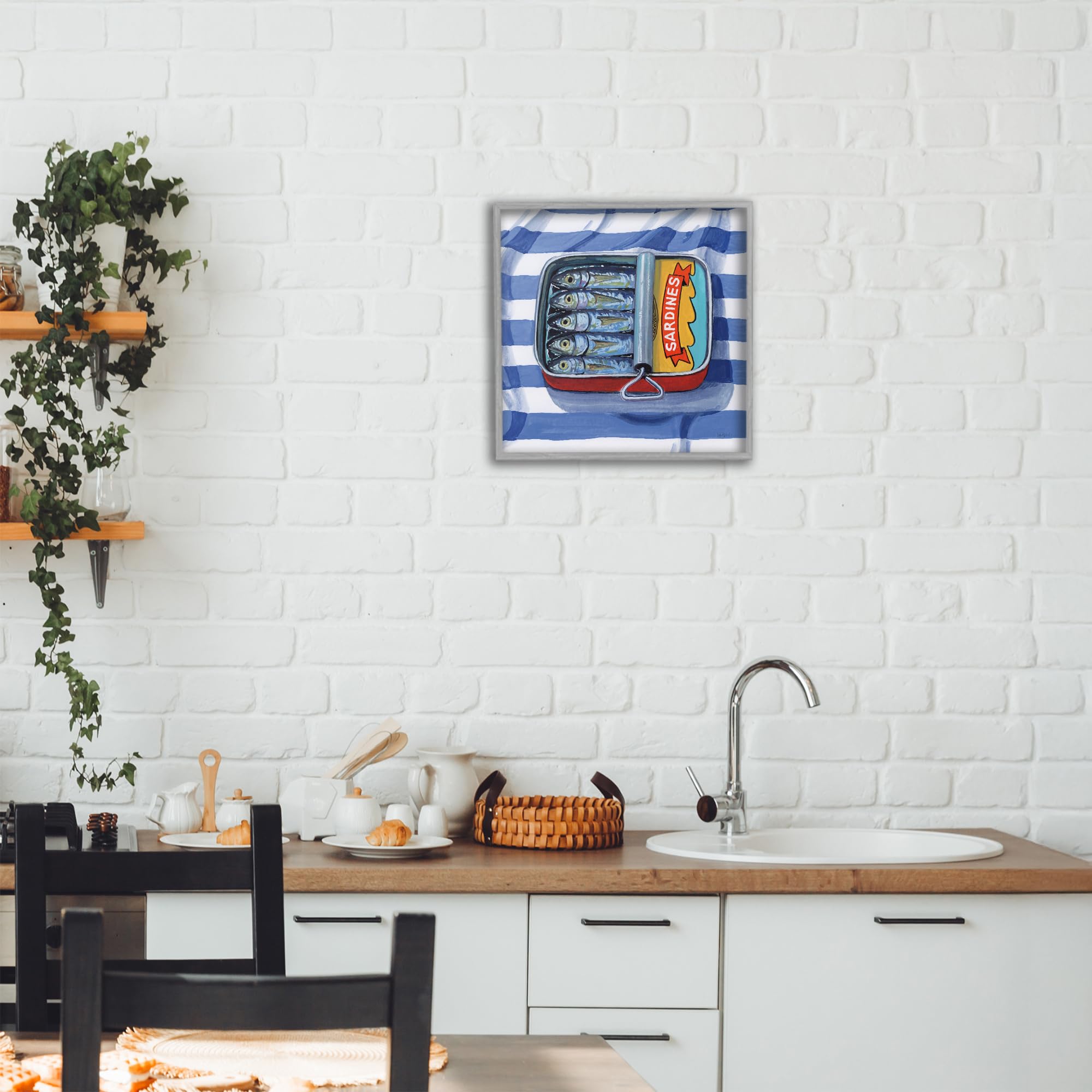 Stupell Industries Gerahmte Giclée-Kunst, "Sardinen auf gestreiftem Stoff", grau, 30,5 x 30,5 cm, einfach aufzuhängen und stabil, hergestellt in den USA, von Kate Jarvik Birch
