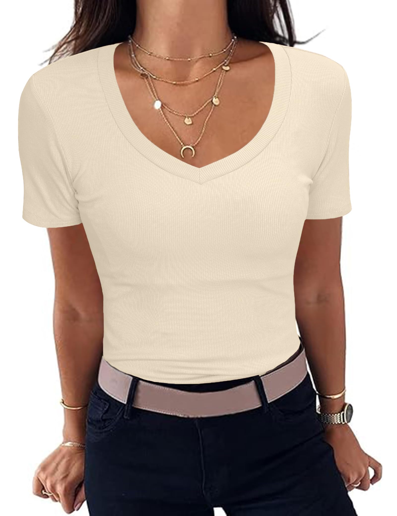 Aottori Damen T-Shirt V-Ausschnitt Elegant Oberteile Kurzarm Gerippt Basic Tee Shirts Slim Fit Tshirt Stretch Casual Sommer Tops
