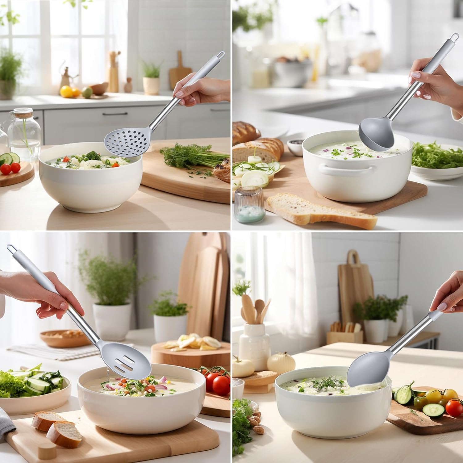 Silicone Kitchen Utensils Set - Culinary Couture 6-Pieces Grey Silicone Cooking Utensils Set for Nonstick Cookware - Stainless Steel Handle