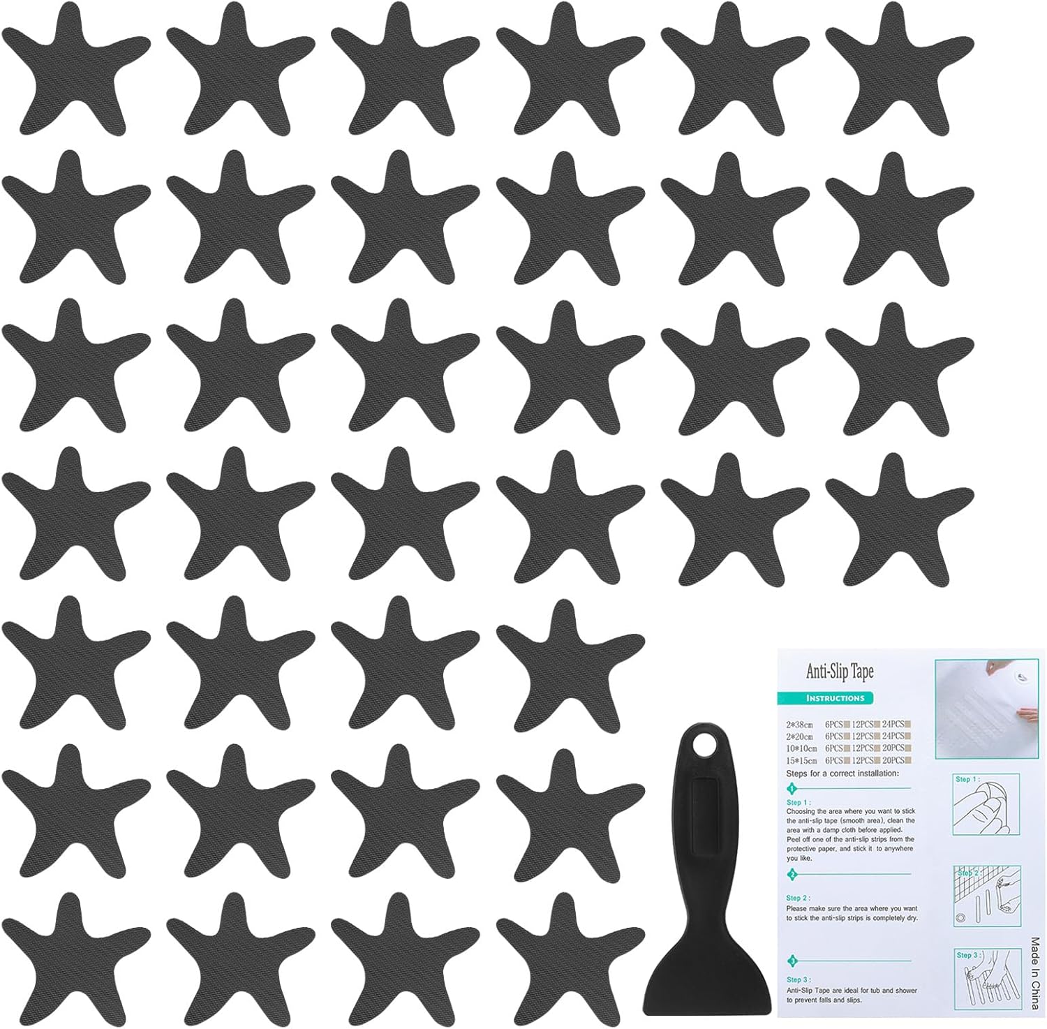 PATIKIL Bathtub Non Slip Stickers 3.86x3.86 Inch, 36 Pack Starfish Safety Shower Floor Anti Slip Stickers with Adhesive Decals Scraper for Bath Tub Shower Floor Stair, Black