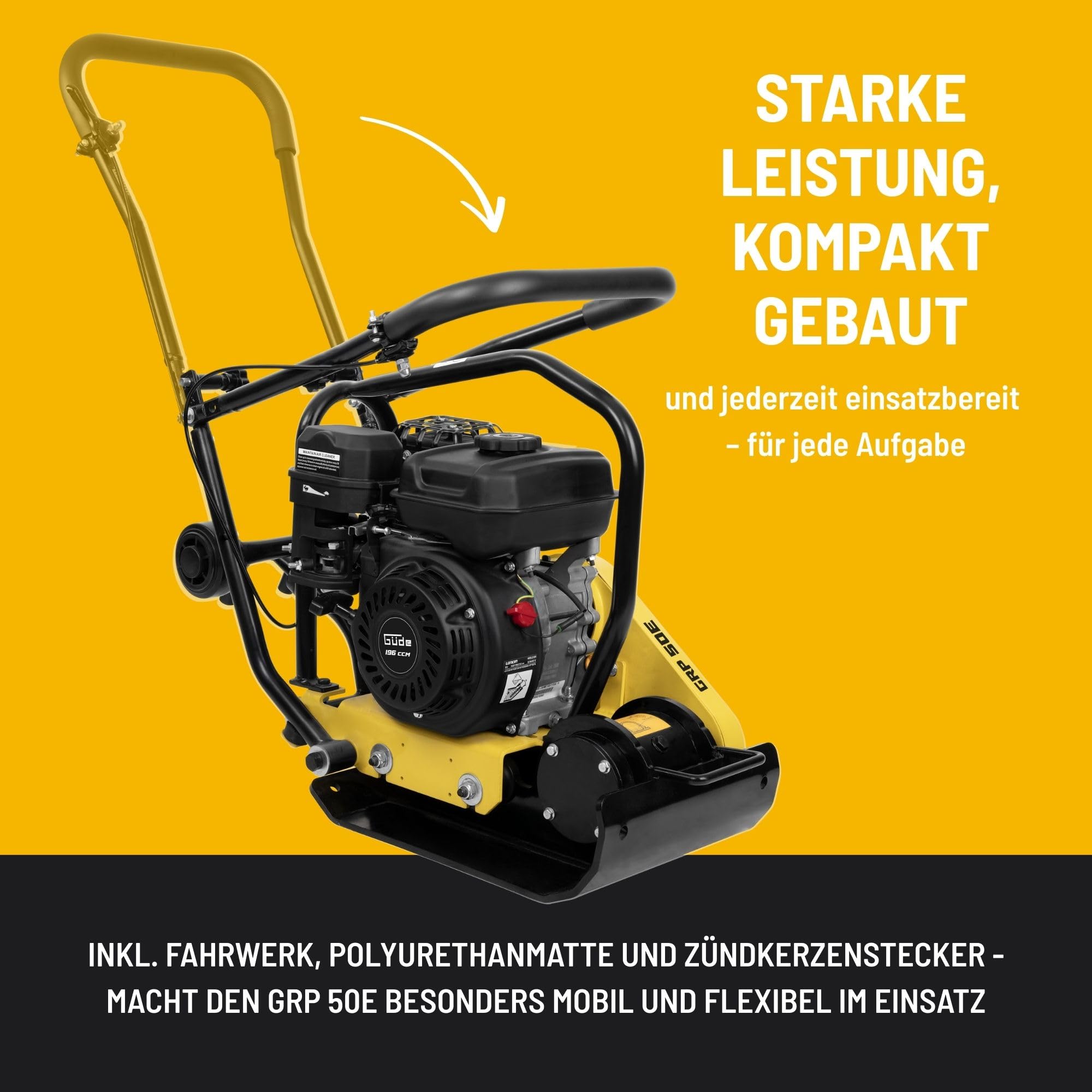 Güde GRP 50E Rüttelplatte - 4-Takt-Motor, 196 Kubikzentimeter Hubraum, 4,1 Kilowatt, 5,5 PS, 43 x 30 Zentimeter Arbeitsplatte, 8,5 kN Verdichtungsdruck, 20 m/min Vorlauf, Polyurethanmatte, Fahrwerk