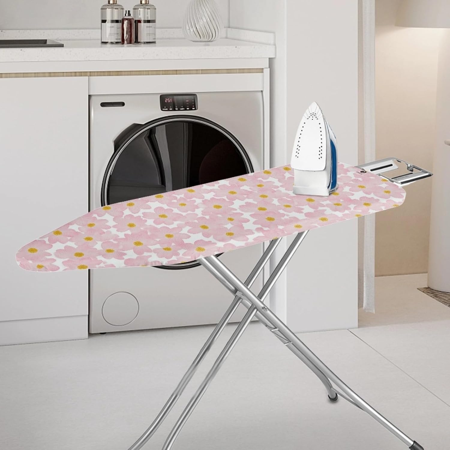 Iron Board Cover with Padding Standard Size Pink Yellow Geometry Padded Ironing Board Covers 15x54 Heat Reflective Extra Thick Wide Non Stick Scorch and Stain Resistant Heatproof