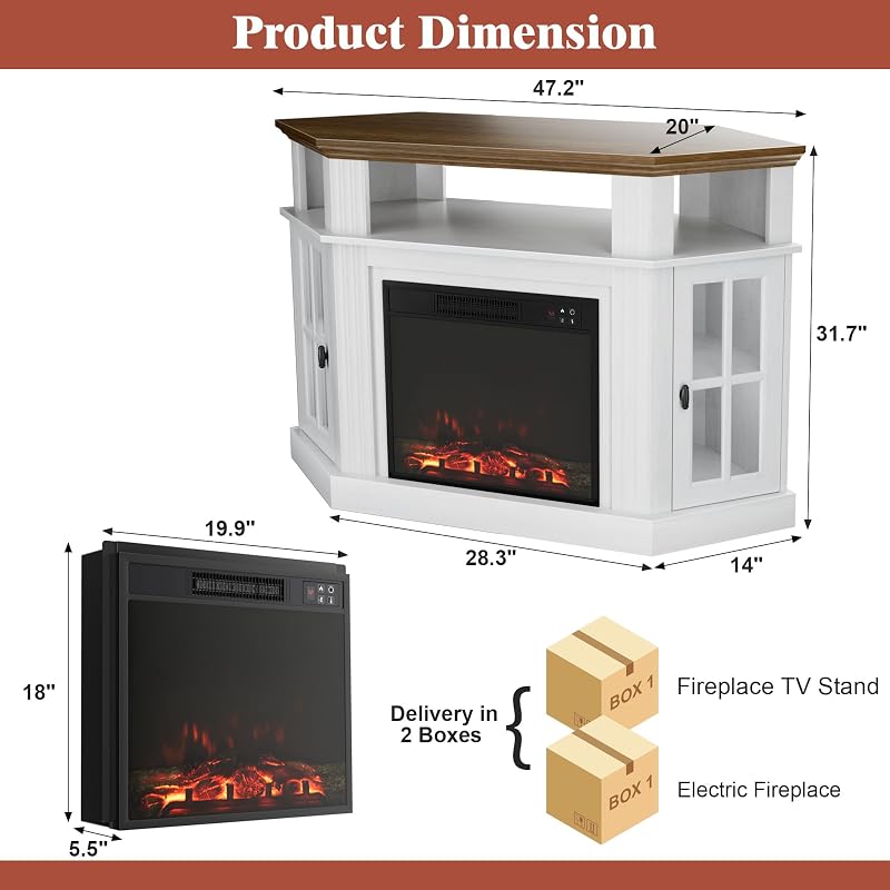 Furmax Fireplace Corner TV Stand for Up to 55 Inch, Antique White image 2