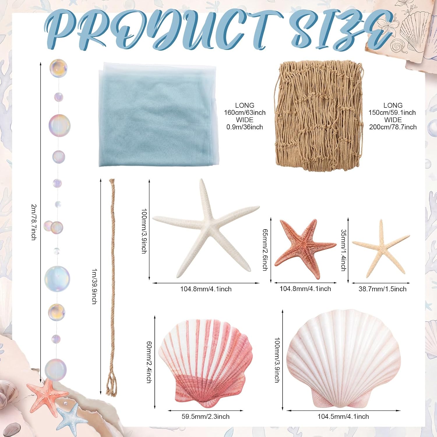 Qunclay 25 Pcs Fish Net Seashell Beach Party Decorations Include Rainbow Bubble Photo Props Nature Fish Net, Netting Decoration Colorful Seashells, Natural Starfish Beach Party, Wedding, Photography