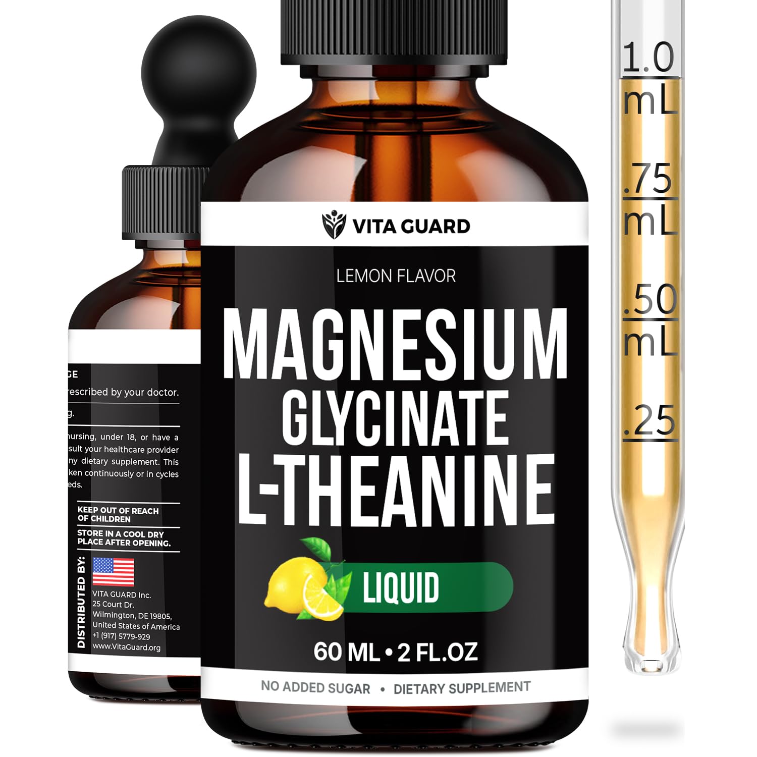 Vita Guard Magnesium Glycinate Liquid Drops 500mg – Liquid Magnesium with L-Theanine 200mg – Sleep, Calm, Stress Relief, Muscle & Nerve Health – Lemon Flavor, Gluten Free, No Sugar, Vegan, 2 Fl Oz