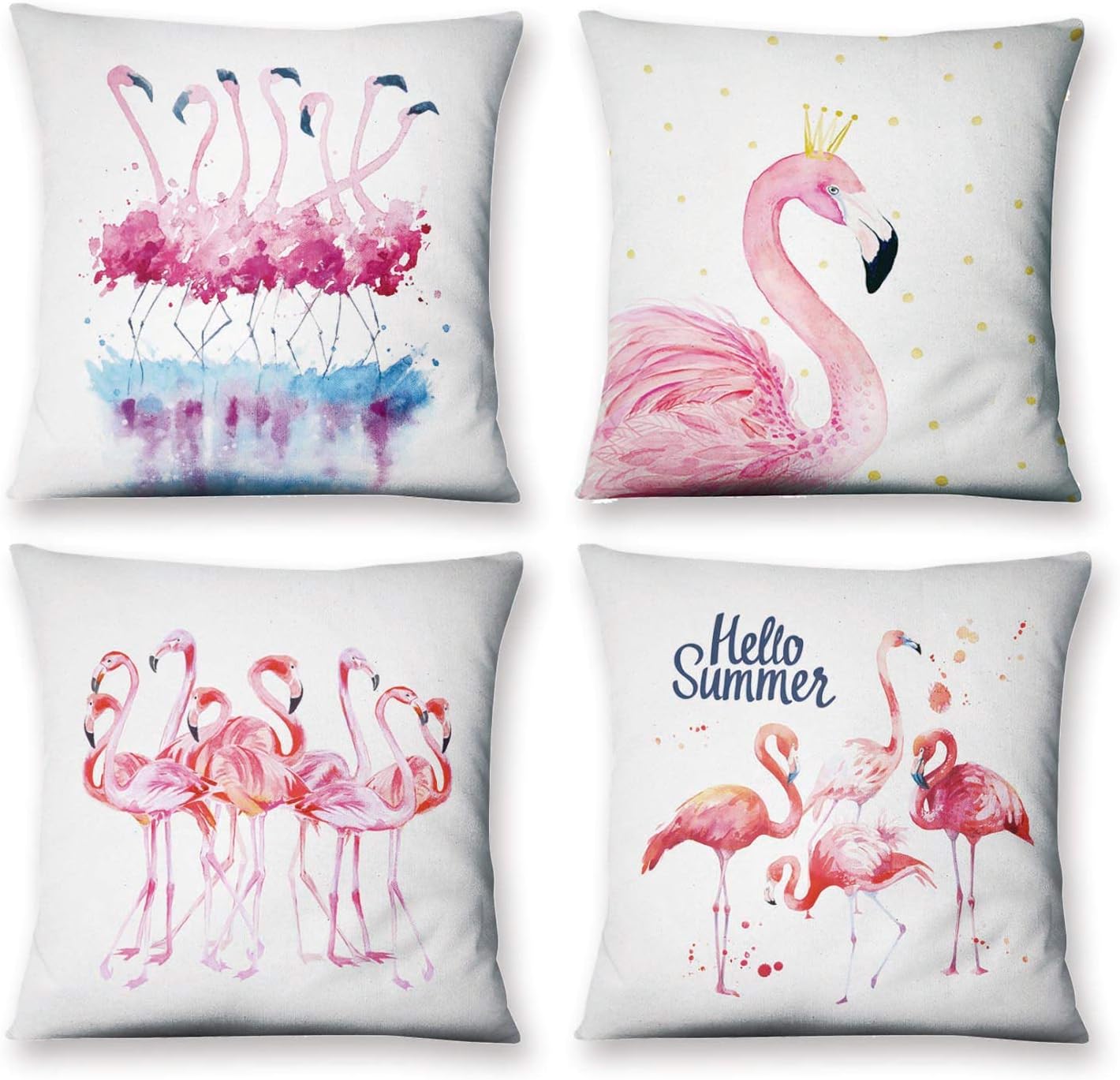Waroom Decorative Throw Pillow Covers Flamingo Modern Design Warm Pink Theme Cotton Linen Decorative Square Pillow Case Cushion Covers for Sofa, Bed Set of 4, 18 x 18 Inch
