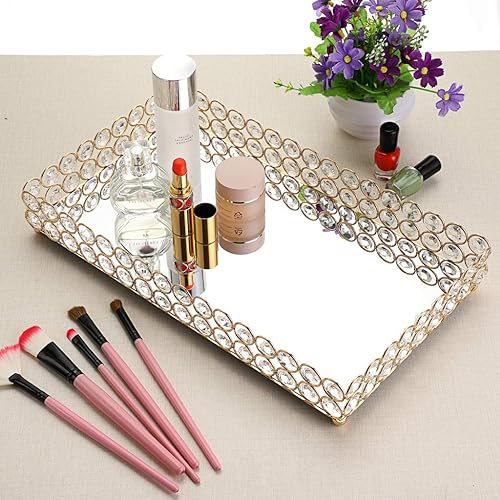 Miniatura 9 de Hipiwe Bandeja de maquillaje cosmética de cristal de 13.7 x 7.8 pulgadas, bandeja grande con espejo para tocador, bandeja organizadora de joyas,