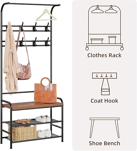 Miniatura 3 de Amyove Perchero para zapatos, zapatero 3 en 1 para entrada, estante de almacenamiento de 3 niveles y 8 ganchos extraíbles, muebles de acento
