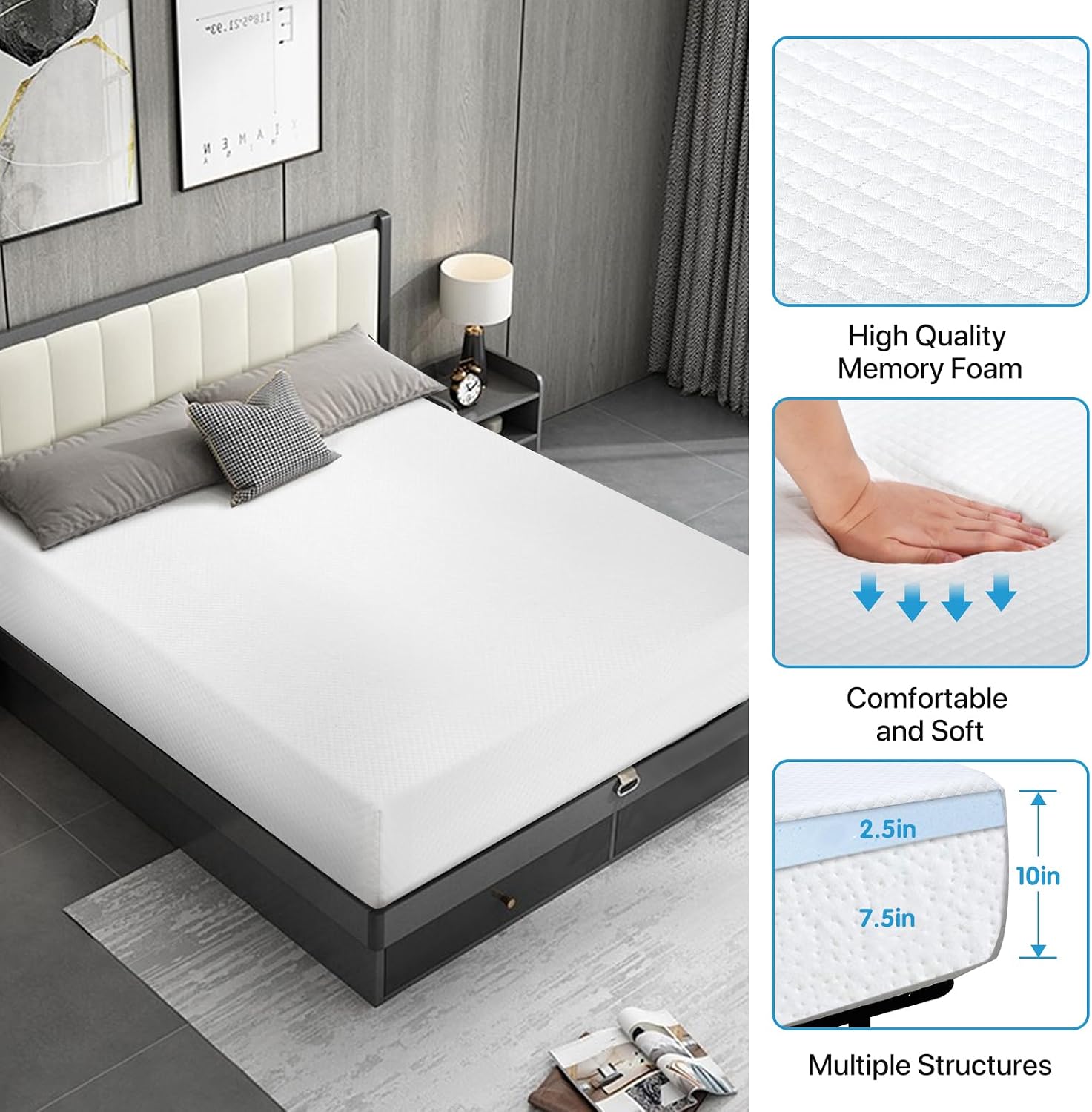 Dkeli King Mattress, 10 Inch Gel Memory Foam Mattress for Cool Sleep & Pressure Relief, Medium Firm RV Daybed Mattress for Kid and Adults, Bed-in-a-Box, CertiPUR-US Certified