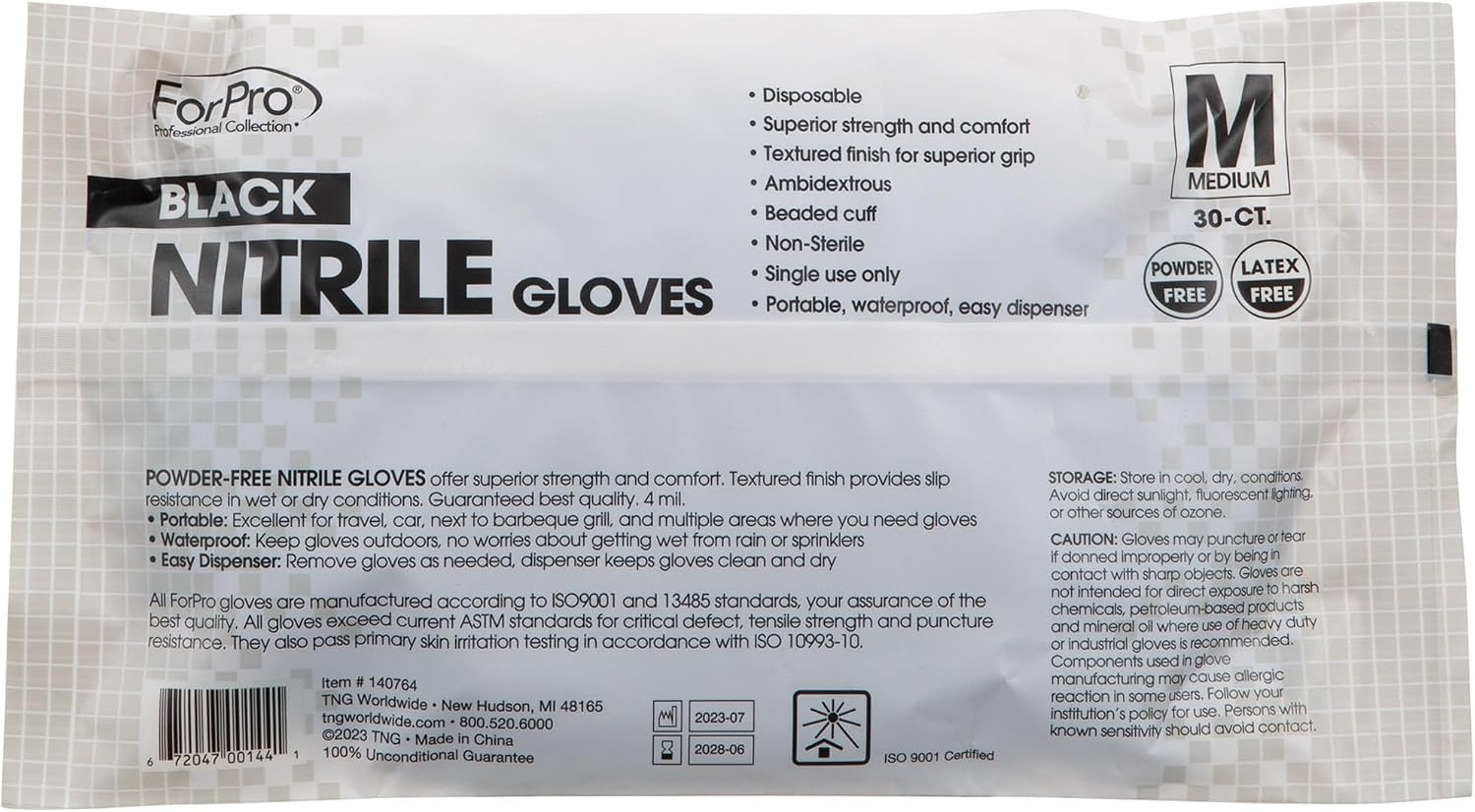 ForPro Professional Collection Disposable Nitrile Gloves, Chemical Resistant, Powder-Free, Latex-Free, Non-Sterile, Food Safe, 4 Mil, Black, Medium, 30-Count