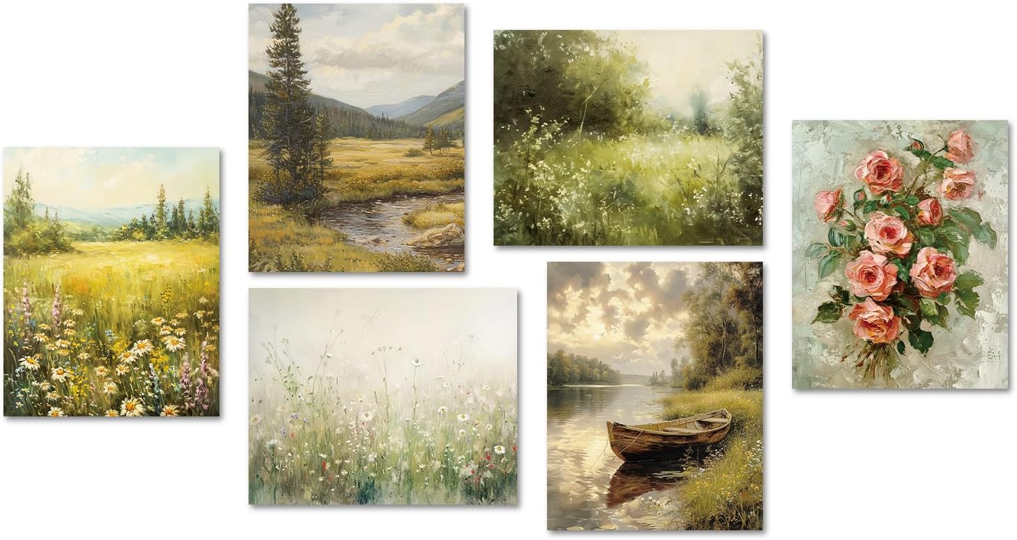 Dazzlewall 6PCS Vintage French Country Wall Art Poster Flower Botanical Boat Prints, Rustic Landscape Canvas Poster for Farmhouse Bedroom Decor 8x10 in Unframed