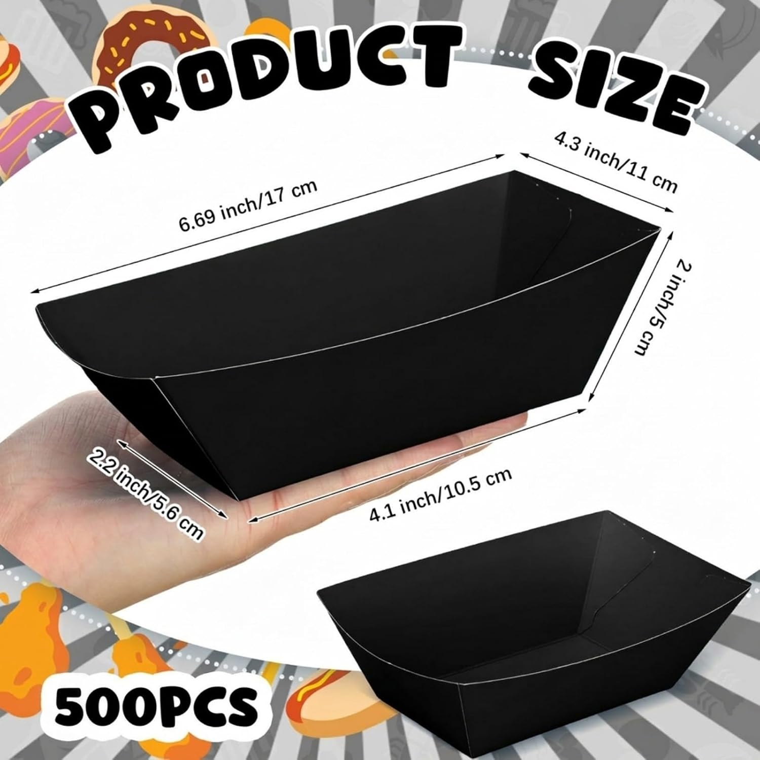Uiifan 500 Pcs Paper Food Boats Disposable Paper Food Tray Grease Resistant Disposable Serving Tray Cardboard Hot Dog Holder for Burgers Fries Sandwiches Picnic Party (Black)