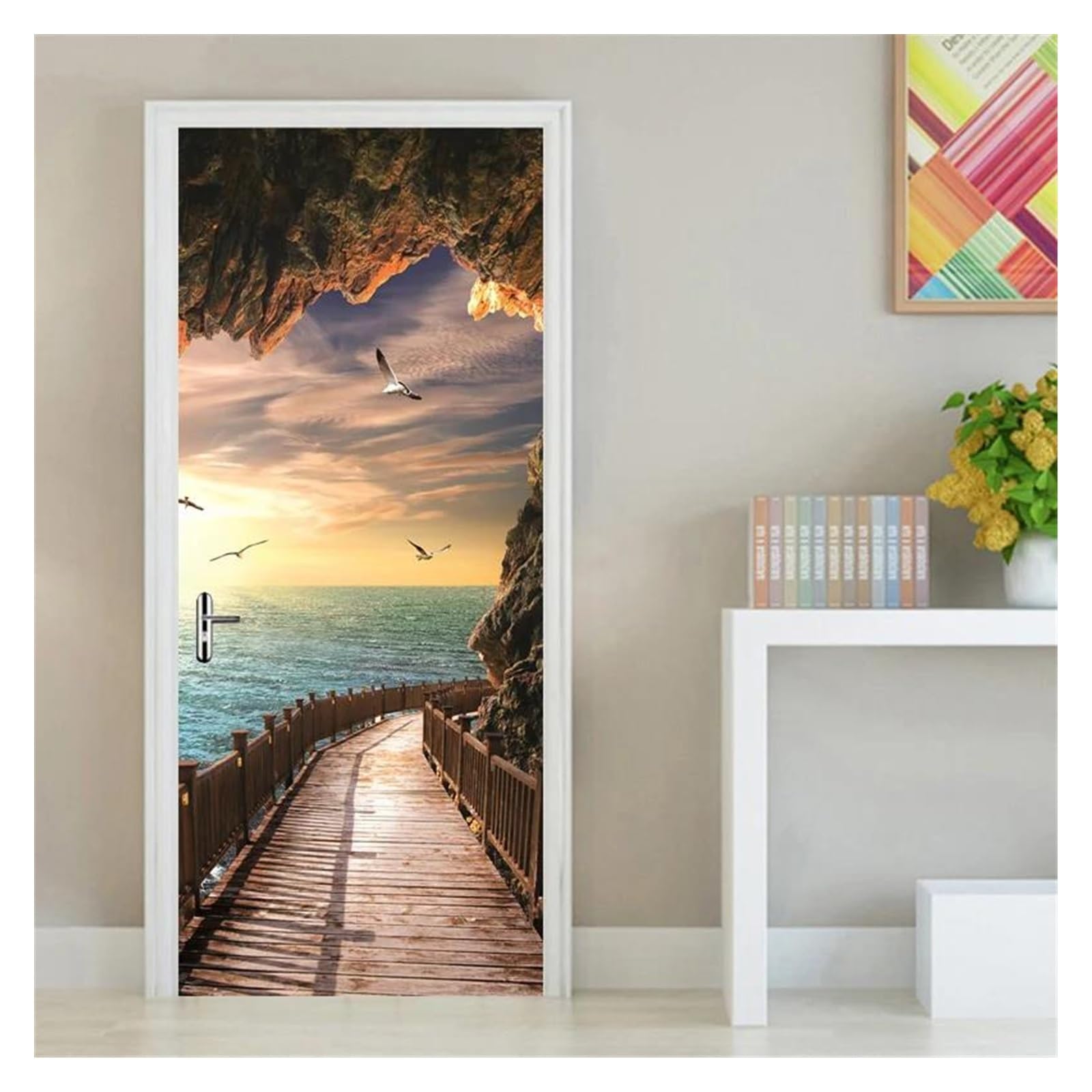 Autocollant de porte paysage nature 3D pour une déco cuisine esprit bord de mer