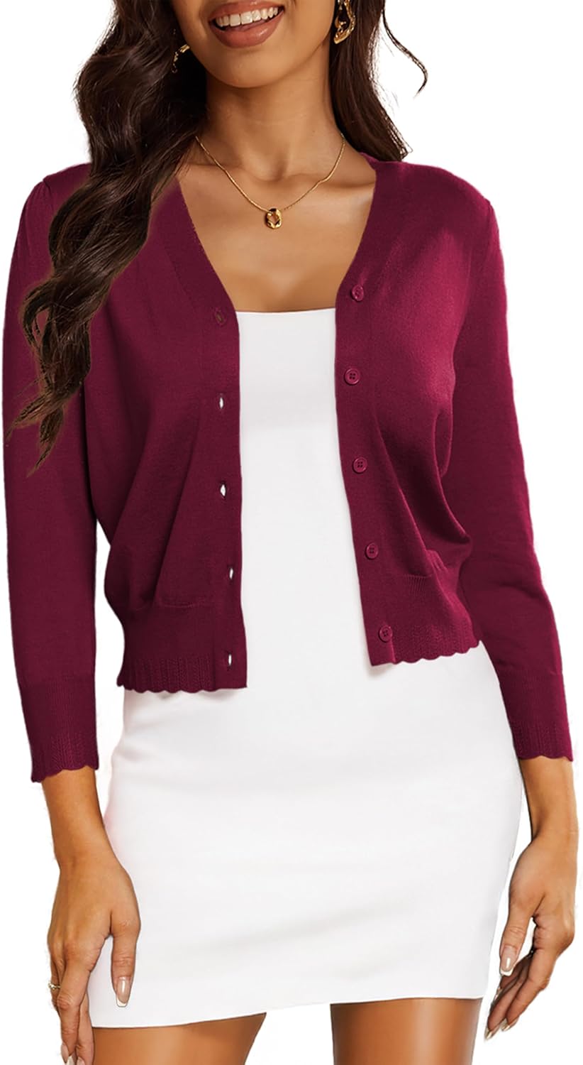 CPOKRTWSO Women's Cropped Cardigan 3/4 Sleeve Bolero Shrug for Dresses Lightweight Open Front Button Down Sweater
