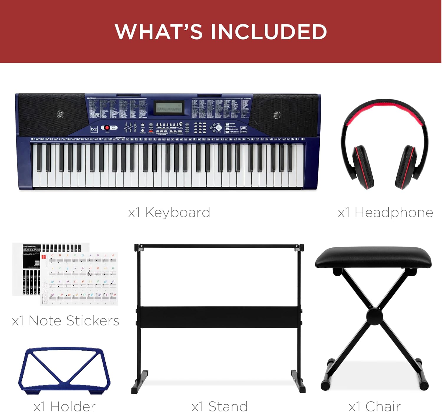 Components included with the keyboard set: keyboard, headphones, note stickers, music holder, stand, and chair.