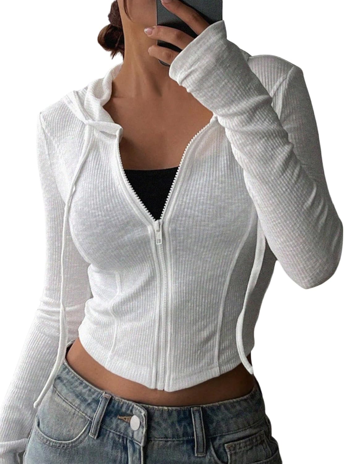 GORGLITTER Women's Cropped Zip Up Hoodie Lightweight Long Sleeve Rib Knit Slim Crop Jacket Fall Trendy 2025 - Image 2