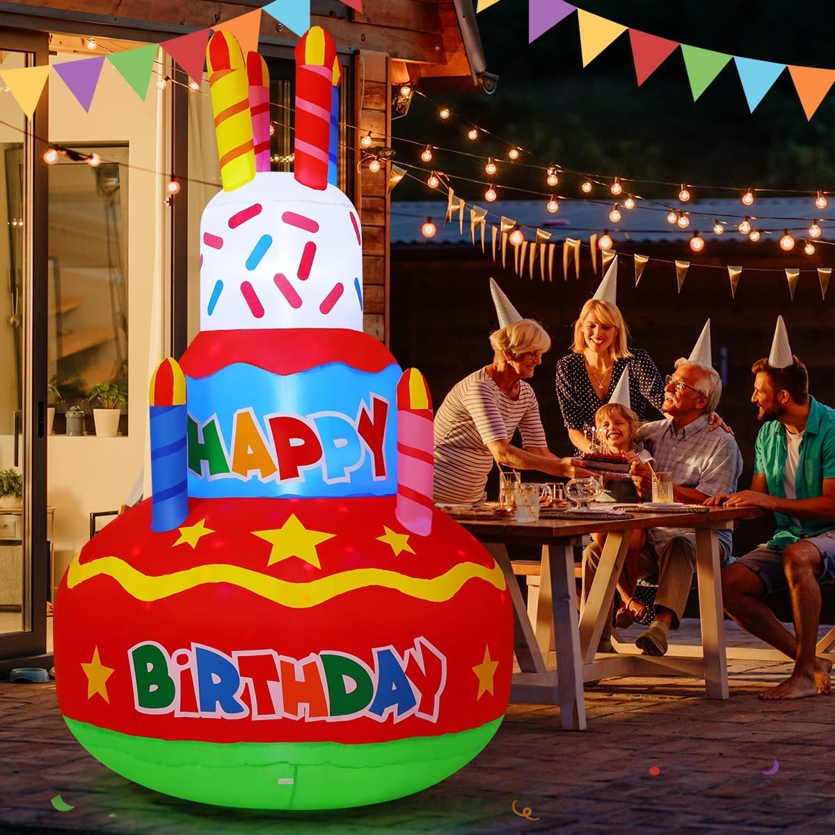 GOOSH 6.2 FT Birthday Inflatables Outdoor Decorations Cake with Candle, Happy Birthday Blow Up Yard Decoration with Colorful Rotating LED Lights for Party Garden Lawn