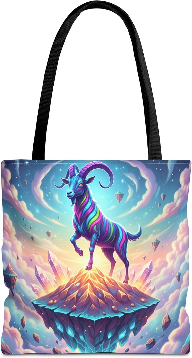Premium Neon Goat Tote Bag with Reinforced Stitching on Glowing Mountain Design
