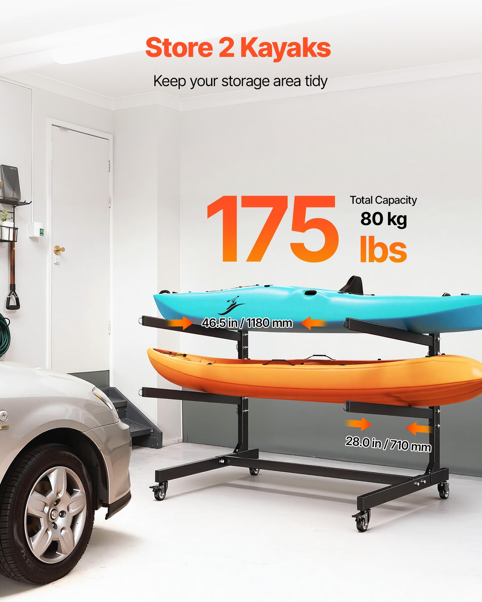 VEVOR Freistehendes Kajak-Aufbewahrungsregal für 2 Kajaks/Kanus/Surfbretter/Paddleboards, Kajakständer mit Feststellbaren Rollen für den Außen- und Innenbereich, Einstellbarer Kajakhalter 80 kg