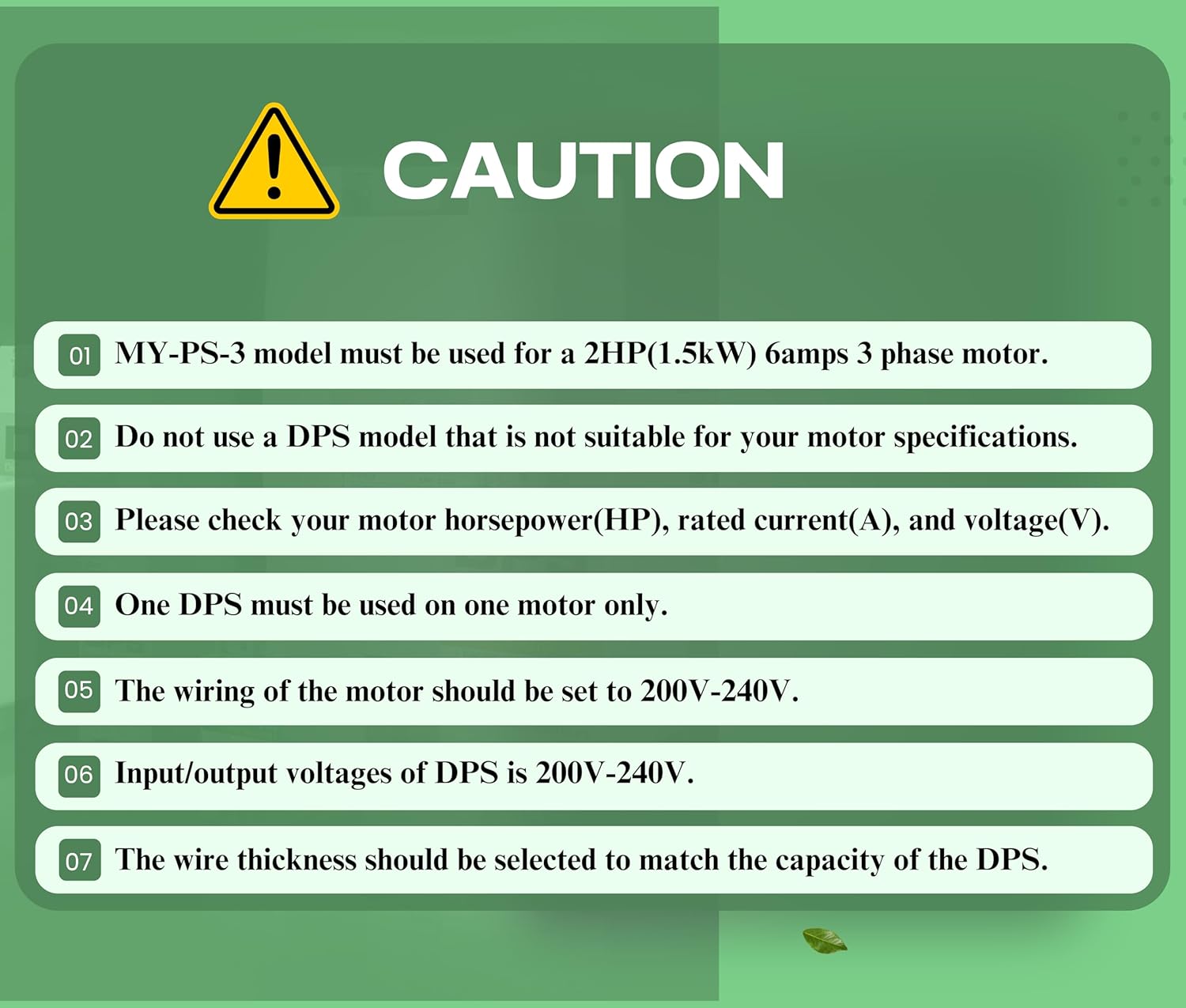DPS Sinlge Phase to 3 Phase Converter, 3HP, 9A, Input/Output 200V - 240V My-PS-3 Model Must Be Used for 2HP(1.5kW) 6A Motor, DPS Must Be Used for 1 Motor Only, UL-Listed