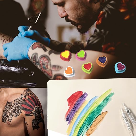 Silicone Tattoo Ink Caps 100 Pack Heart Shape 6 Colours Large Capacity Tattoo Pigment Cups Holder with Stable Base