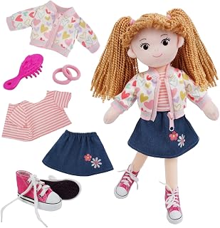 JuneGarden 14" Snuggle Cutie Gracie Doll - Soft Plush Toddler Toy with Removable Outfit, Shoes & Braidable Hair for Girls 2+