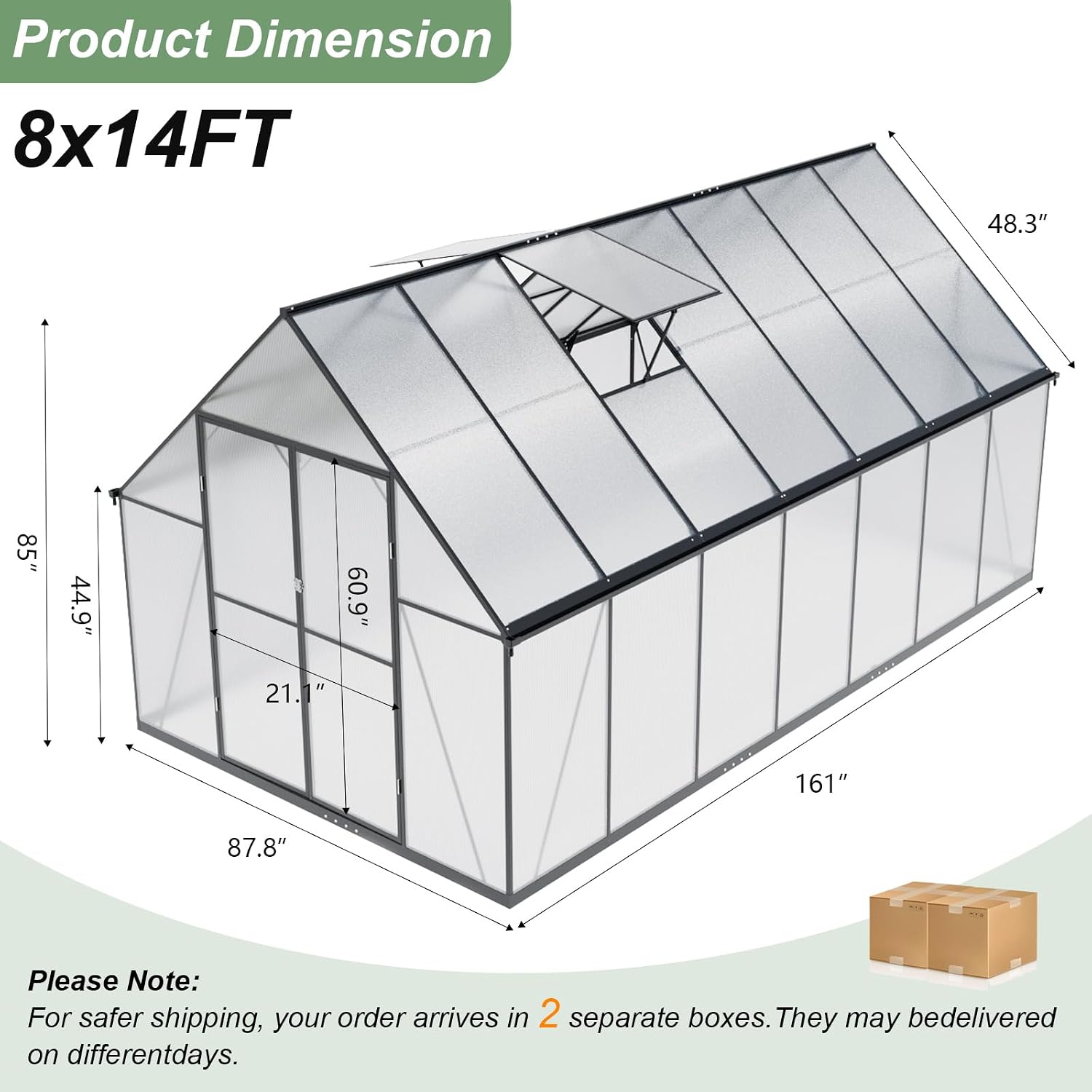Diagram showing the dimensions of the 8x14 FT greenhouse