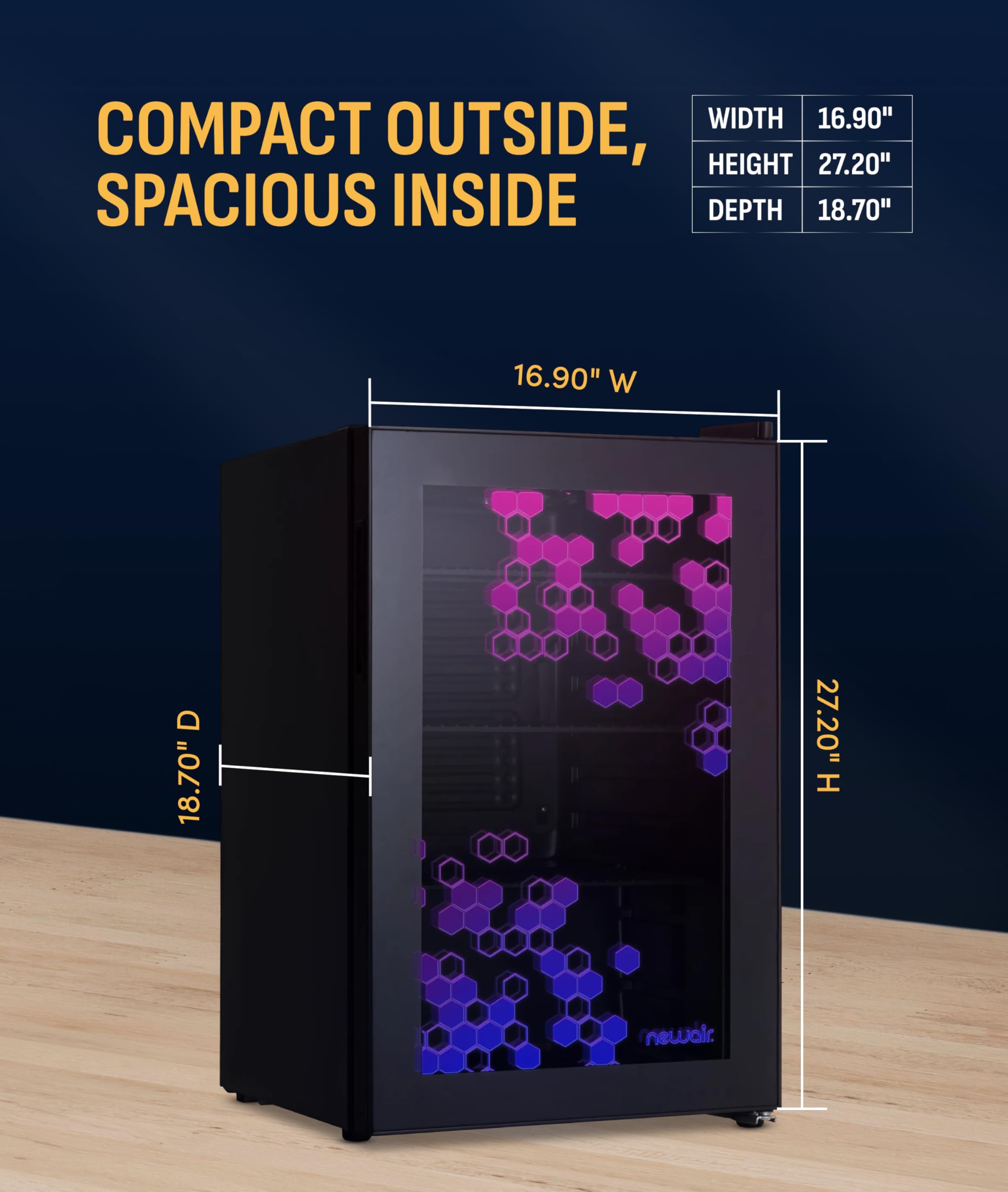 NewAir 85 Can Beverage Refrigerator With Hexacolor LED Lights | Small Mini Fridge For Bedroom, Gaming Room, Or Office | Remote Controlled Lighting & Quiet Cooling on Fridge.com - View 4