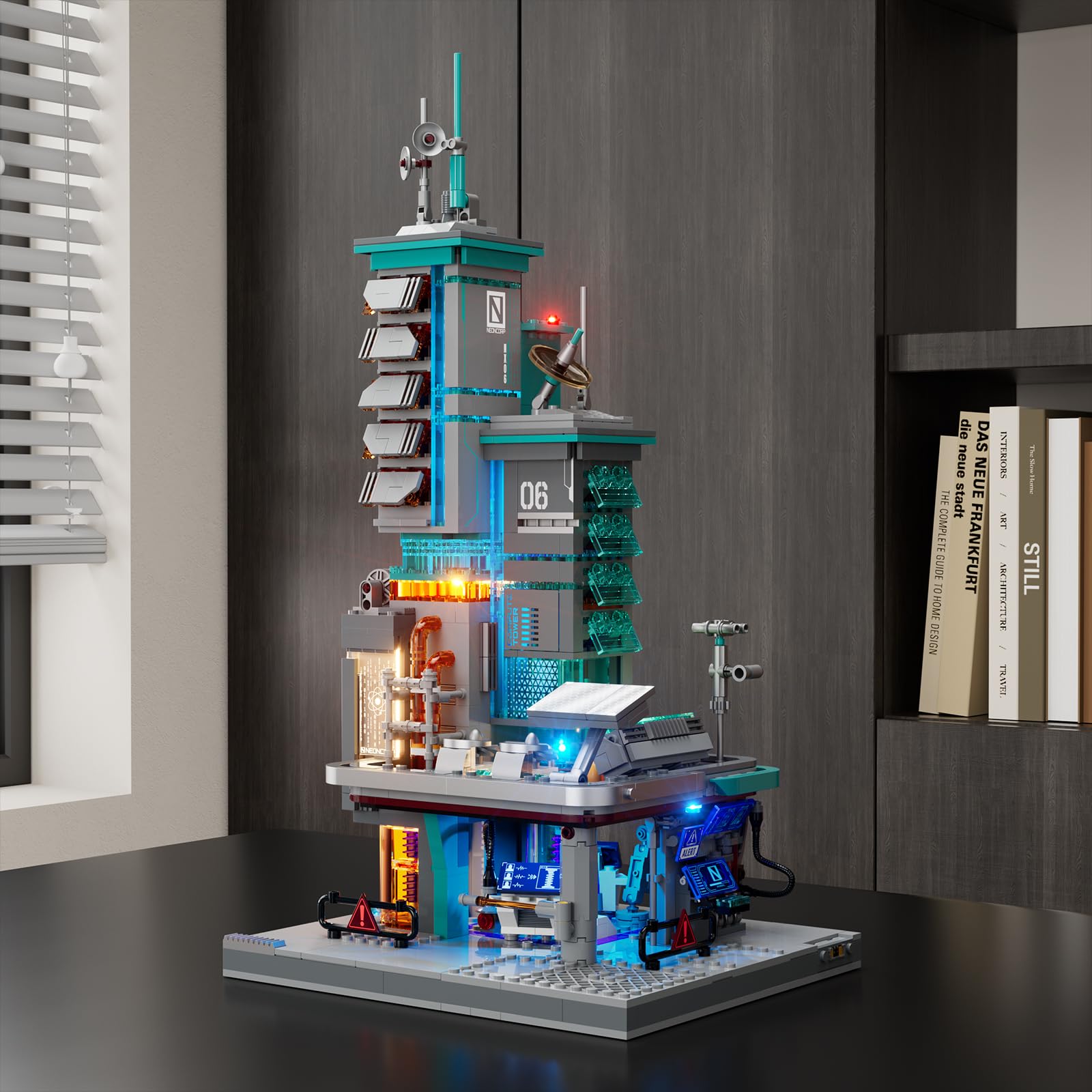 Lumibricks Neon Tech Station Beleuchtetes Klemmbaustein-Set, 1282 Teile Cyberpunk Hochhaus mit LED-Licht, Modulare Datenstation mit Herausnehmbaren Modulen & Stromverbundsystem