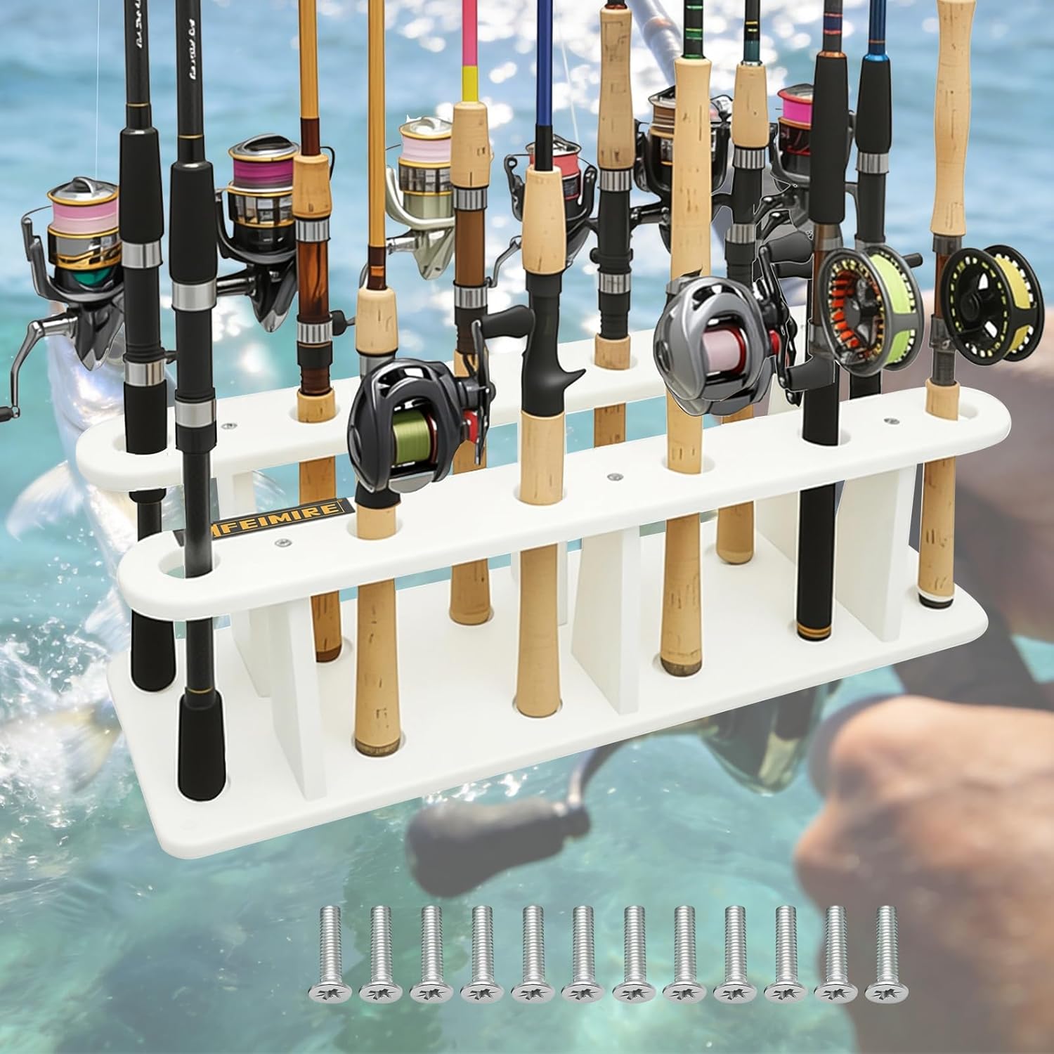 Heavy-Duty HDPE Fishing Rod Holder Rack for 12 Rods – Deck & Dock Mount Rod Storage with Stainless Steel Hardware, Wide Spacing Design for Large Reels, UV & Corrosion Resistant