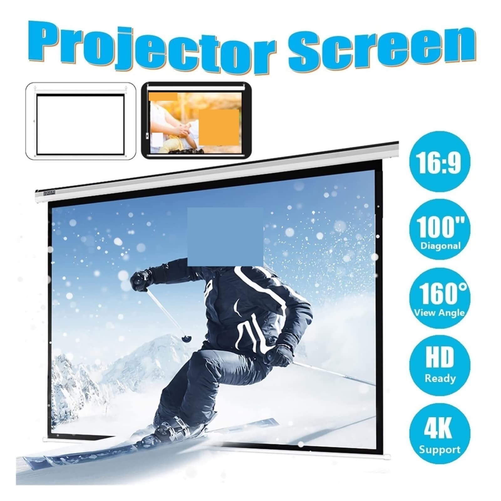 Schermo Per Proiettore HD 4K 100" 16:9 In Fibra Di Vetro Bianco Elettrico