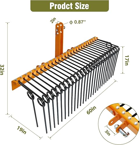 Miniatura 6 de GAOMON Rastrillo de paja de pino de 60 pulgadas, 26 dientes de resorte helicoidal, acero recubierto de polvo duradero, rastrillo detrás del paisaje,