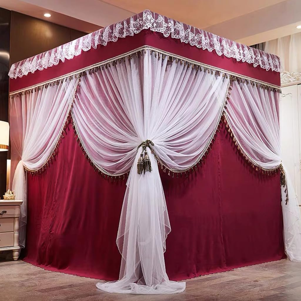 2-in-1 Double Protection Princess 4 Corner Post Bed Mosquito Netting & Blackout Bed Curtains Privacy Protection for Bedroom Canopies (Wine Red, King)