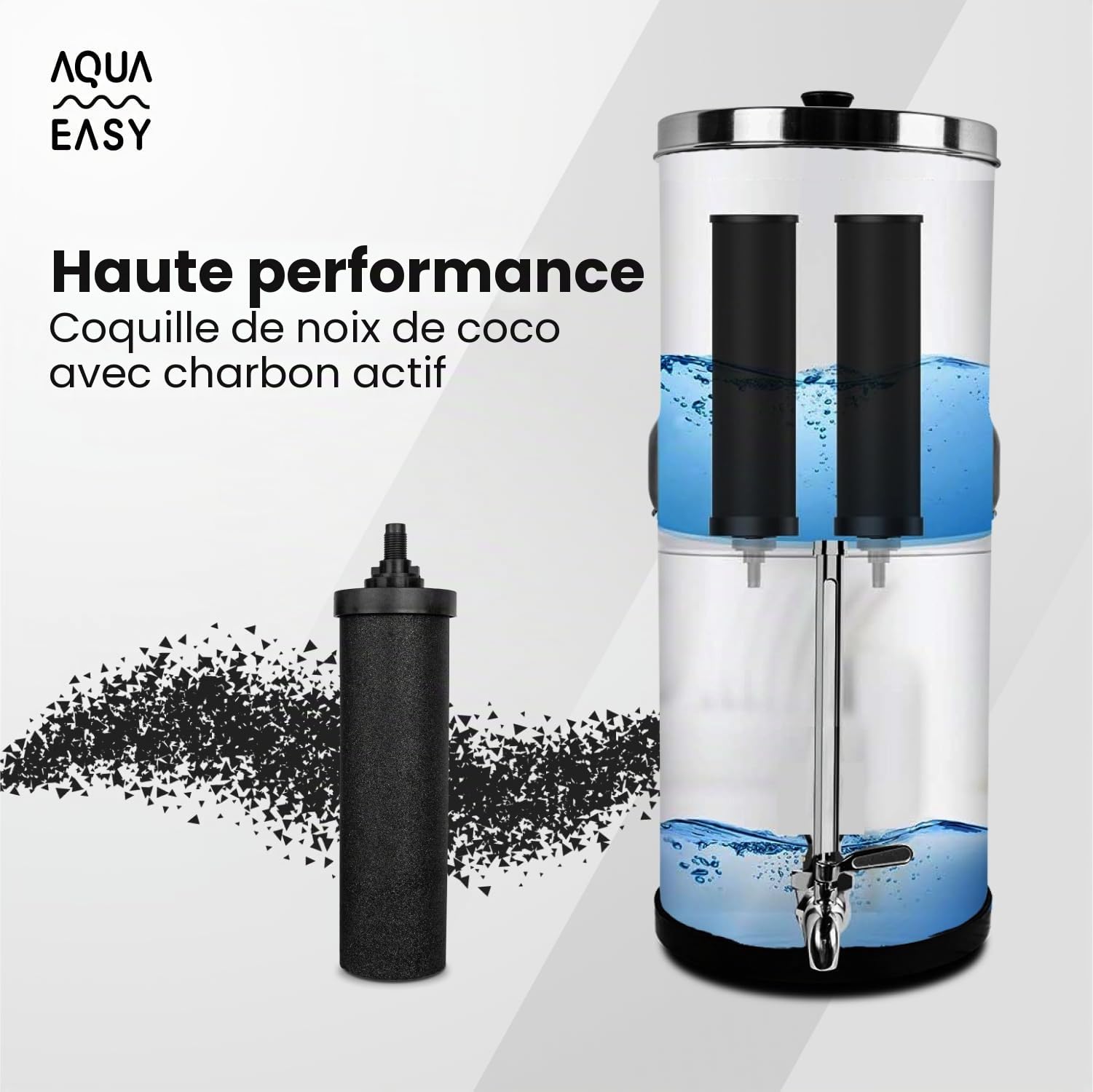 AquaEasy Système de filtre à eau par gravité en acier inoxydable (8,5 litres) avec 2 filtres à charbon actif, robinet et support en acier inoxydable | Système de filtration d'eau de comptoir (Matte)