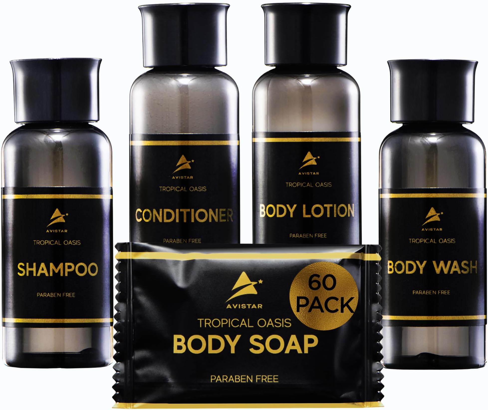 Hotel Guest Soaps for Bathroom, Travel Size Bulk AirBnB Toiletries Set, Supplies for Guests, 60 Pack w/ 60 Shampoo 60 Conditioner 60 Body Wash 60 Lotion 60 Mini Wrapped Soap Bars- 300 Piece Set