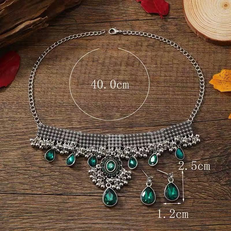 Vintage Indian Jhumka Jhumki Tassels Kundan Green Rhinestone Teardrop Necklace Earring Oxidized Silver Ethnic Jewelry Set for Women Crystal Traditional Bollywood Statement Bridal Wedding Prom Costume - Image 6