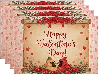 Valentine's Day Placemats, Rustic Romantic Heart Pattern Place Mats for Dining Table, Seasonal Non-Slip Washable Indoor Outdoor Kitchen Party Decorative Placemat Set of 4