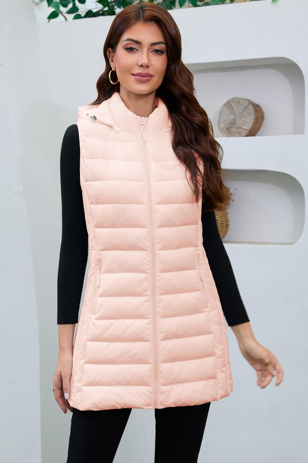 Long Puffer Vest for Women with Hood Lightweight Packable Sleeveless Vest for Spring, Fall & Winter - Image 2