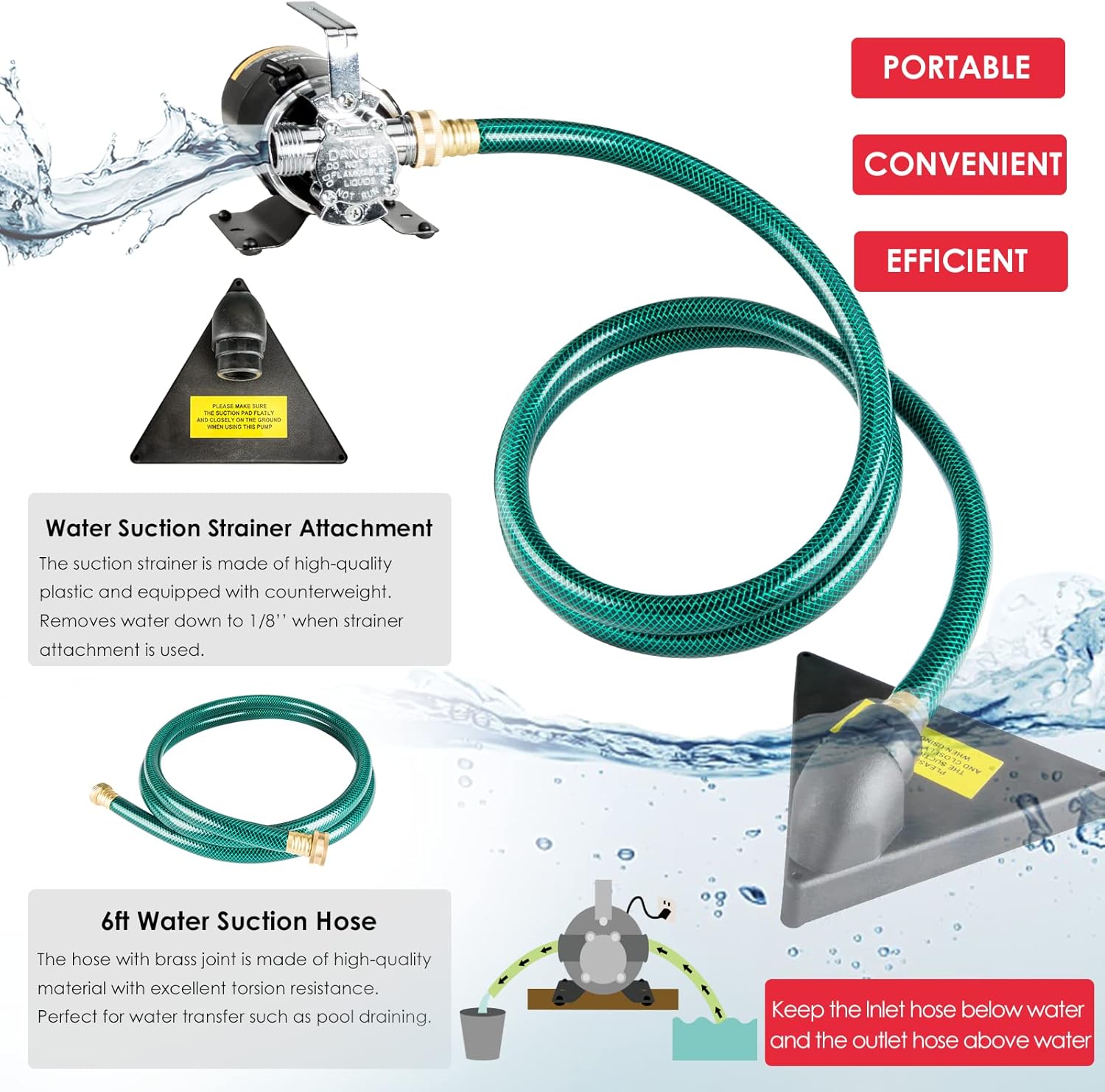 Water Transfer Pump, 115V 1/10HP 330GPH Utility Water Pump Electric With 6ft Suction Hose Kit, Portable Small Water Pump For Pool Draining, Removing Water From Rain Barrel, Aquariums, etc.