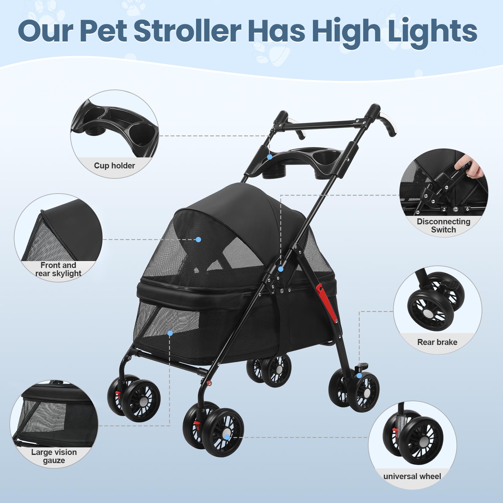 2in1 Hundewagen, Hundebuggy mit 1 Getränkehaltern, Hundebox Transporttasche Faltbar klappbar mit Feststellbremse, Bollerwagen für Hunde, 48 cm * 68 cm * 95cm (Schwarz-1)