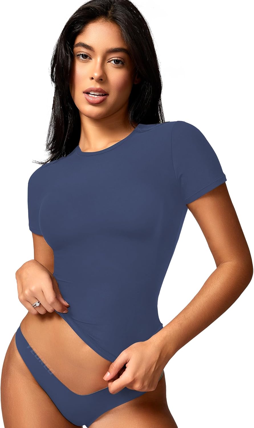 YEOREO Women Fitted Workout Tops Short Sleeve Double Lined Basic Y2K Going Out Crew Neck Compression Crop Top - Image 7