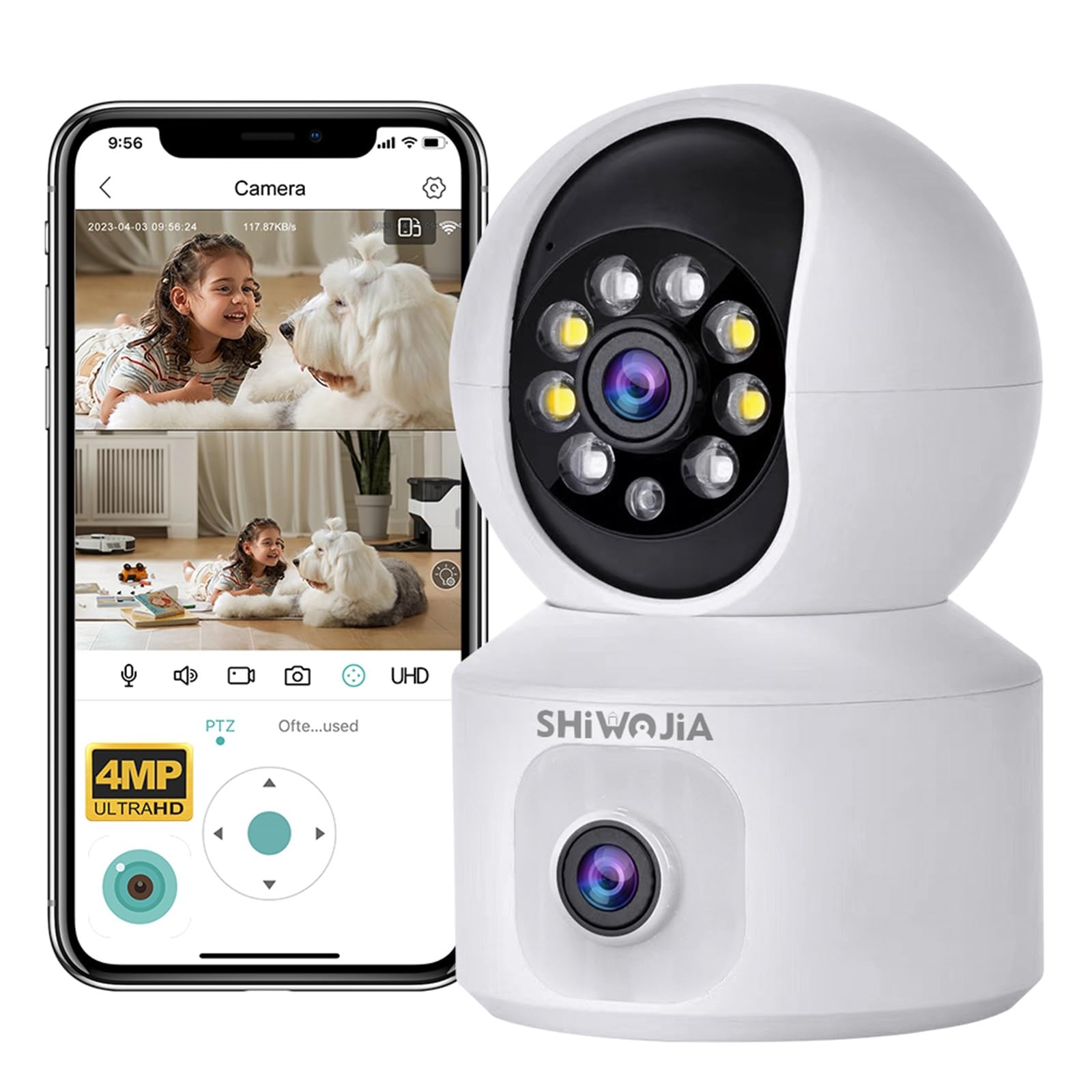 SHIWOJIA 2K 4MP Caméra Surveillance WiFi Intérieure, PTZ 360° Caméra avec Double Objectif, Vision Nocturne Intelligente, Détection de Personne et Suivi Auto, Audio Bidirectionnel