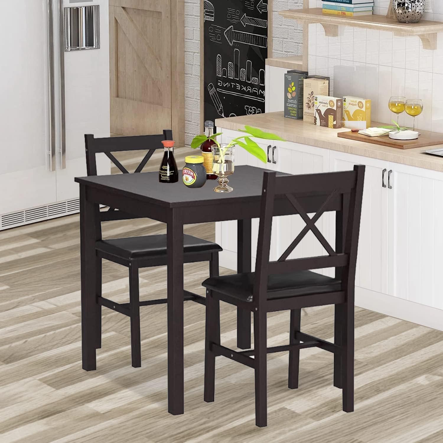 Small Dining Table Set 3 Piece Wood Dinning Room Table Set for 2, Square Kitchen Table and 2 Chairs, Space Saving Dinette for Kitchen, Dining Room, Appartment, Dark Brown