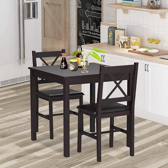 Small Dining Table Set 3 Piece Wood Dinning Room Table Set for 2, Square Kitchen Table and 2 Chairs, Space Saving Dinette for Kitchen, Dining Room, Appartment, Dark Brown