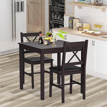 Small Dining Table Set 3 Piece Wood Dinning Room Table Set for 2, Square Kitchen Table and 2 Chairs, Space Saving Dinette for Kitchen, Dining Room, Appartment, Dark Brown