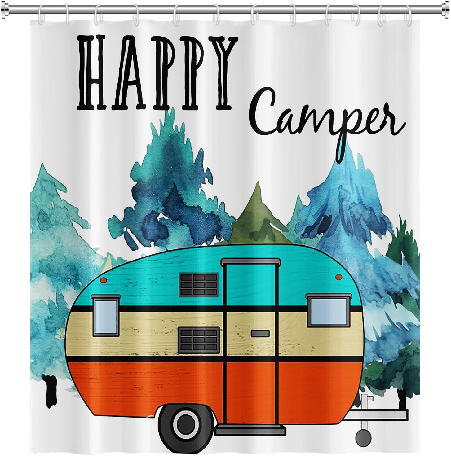 Yeele Happy Camper Shower Curtain Cartoon Round Car 3-Layer Trailers Farmhouse Style Camping Travle Abstract Watercolor Blue Tree Waterproof Bathroom Curtain with 12 Hooks,72x96in